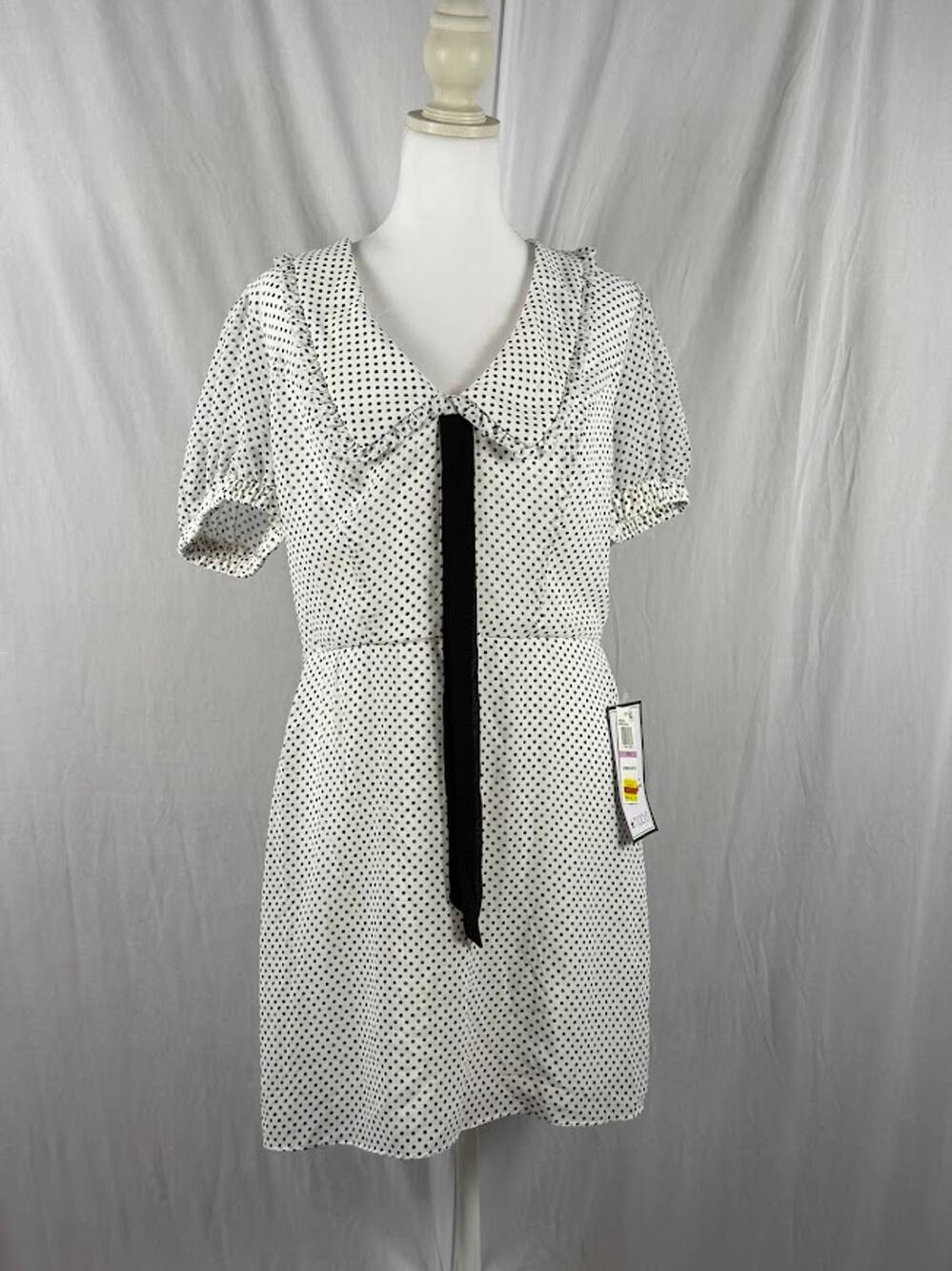 B Darlin Juniors Size 9/10 White Polka Dot Bow Puff Sleeve A-Line Dress NWT